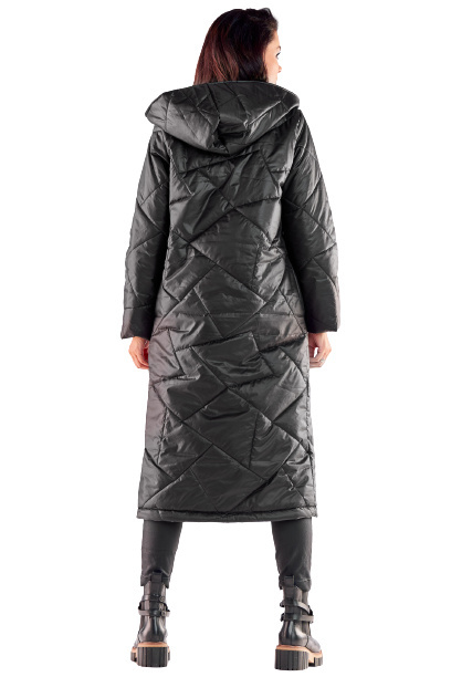 Długi płaszcz damski pikowany z kapturem zapinany na napy czarny